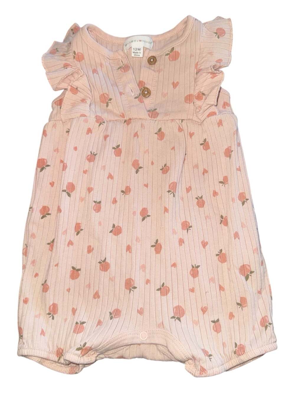 Willow + Whimsy Baby Girl Ribbed Peach and Heart Print Ruffle Romper - Picture 2 of 4